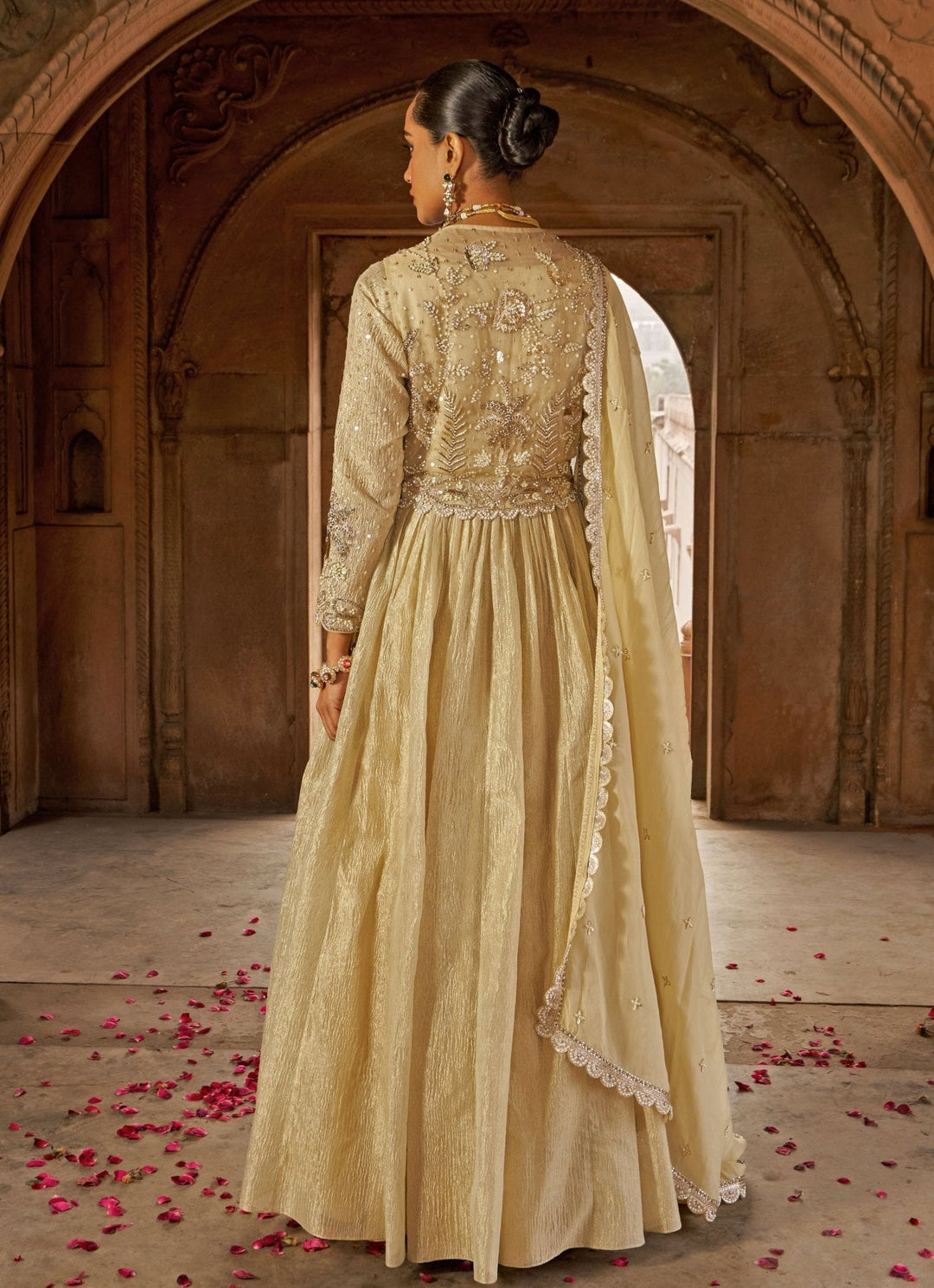 Golden Tissue Anarkali With Floral Embroidered Short Jacket Nidhika Shekhar - Fabilicious Fashion