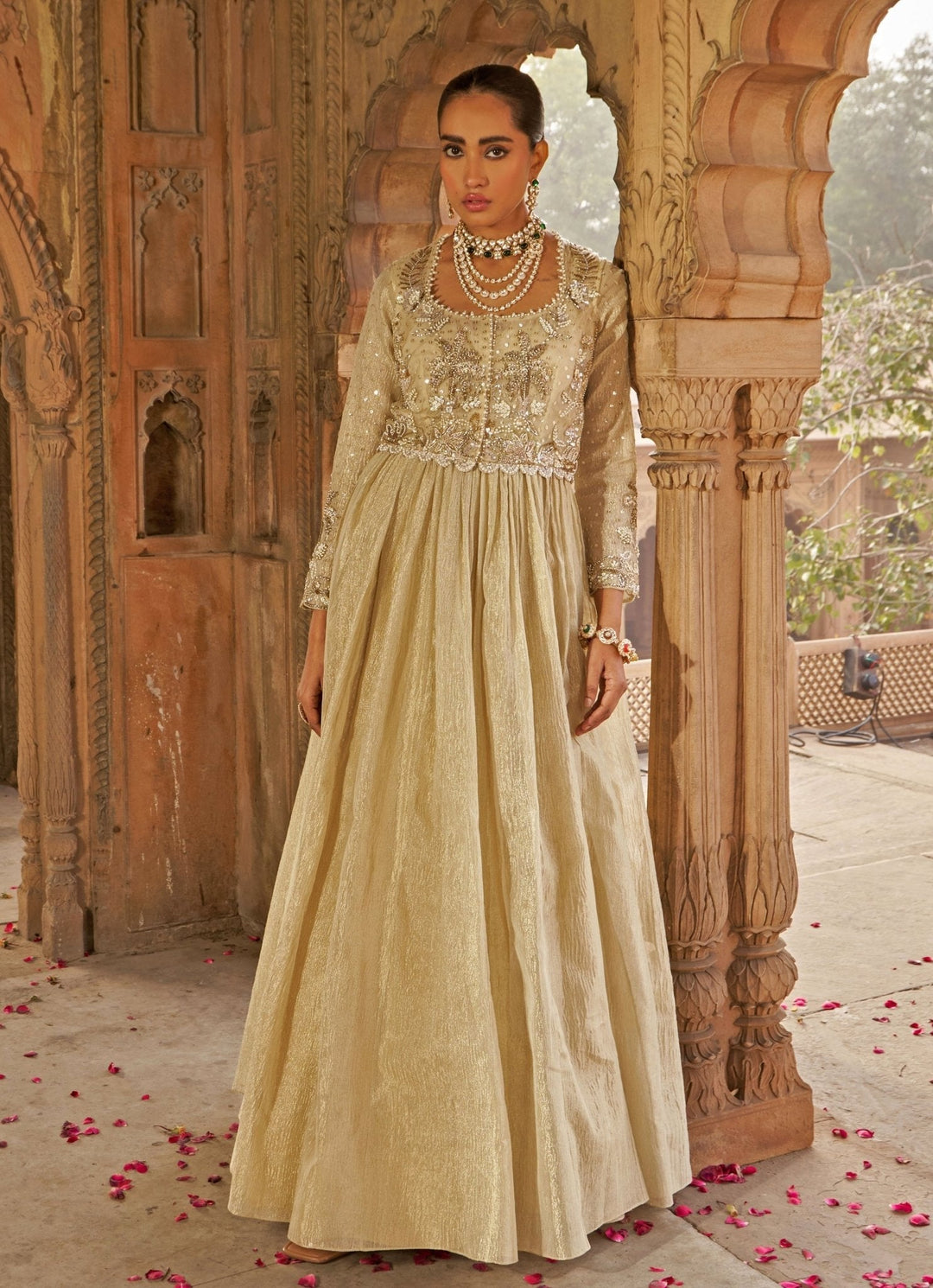 Golden Tissue Anarkali With Floral Embroidered Short Jacket Nidhika Shekhar - Fabilicious Fashion
