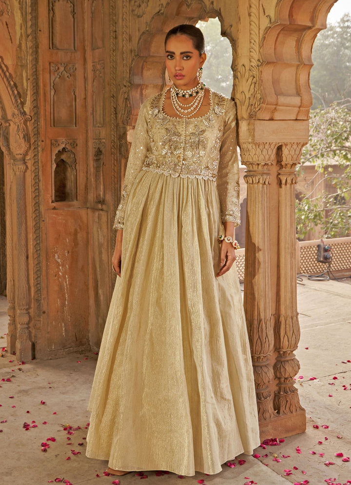Golden Tissue Anarkali With Floral Embroidered Short Jacket Nidhika Shekhar - Fabilicious Fashion