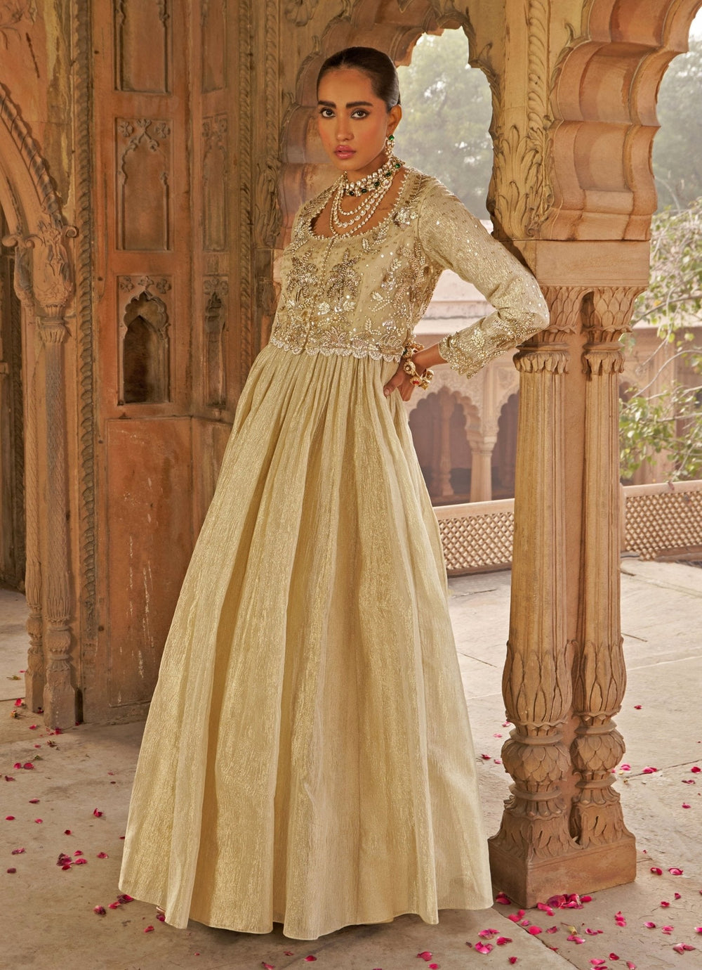 Golden Tissue Anarkali With Floral Embroidered Short Jacket Nidhika Shekhar - Fabilicious Fashion
