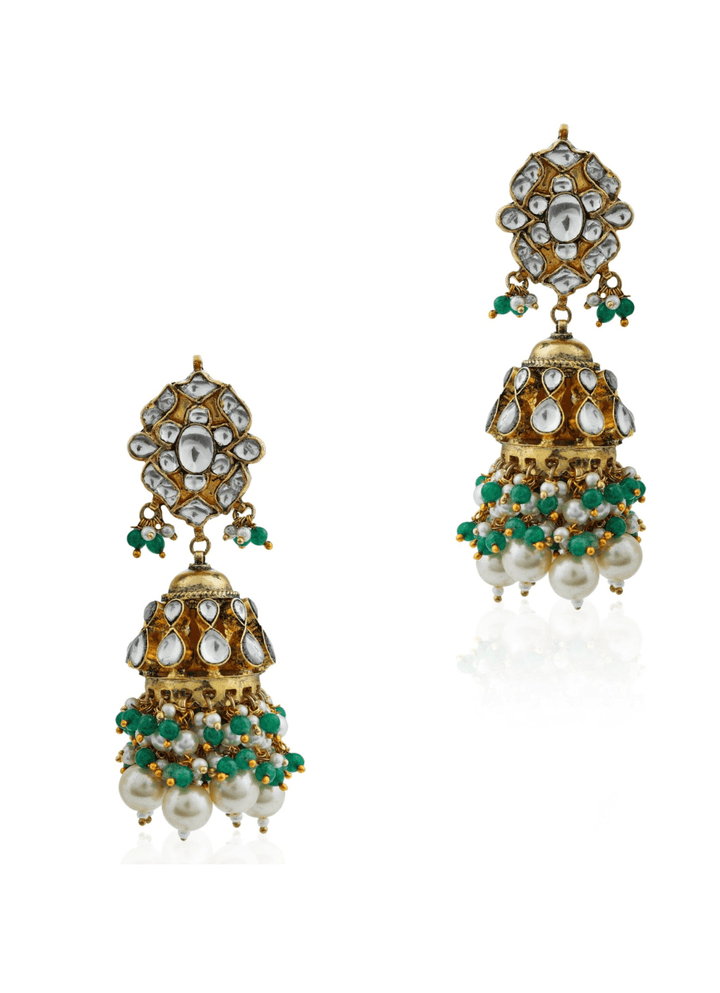 Golden White Pearl Jhumka with Green Hangings Riana by Shikha Jindal - Fabilicious Fashion