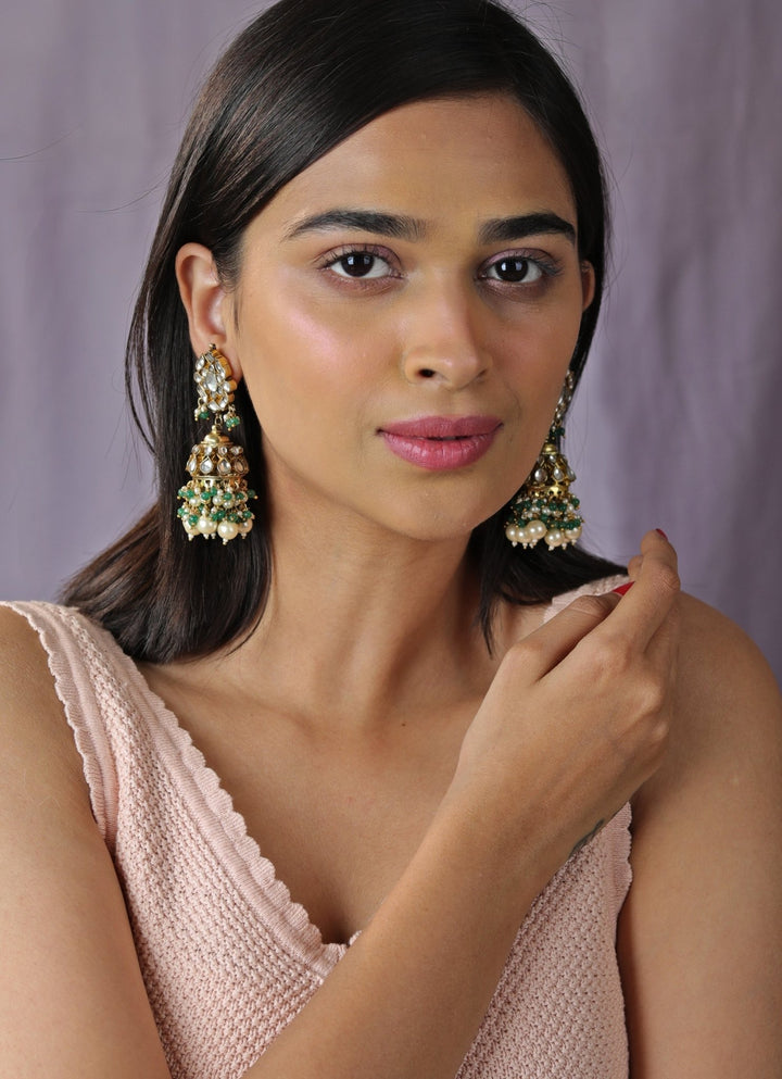 Golden White Pearl Jhumka with Green Hangings Riana by Shikha Jindal - Fabilicious Fashion
