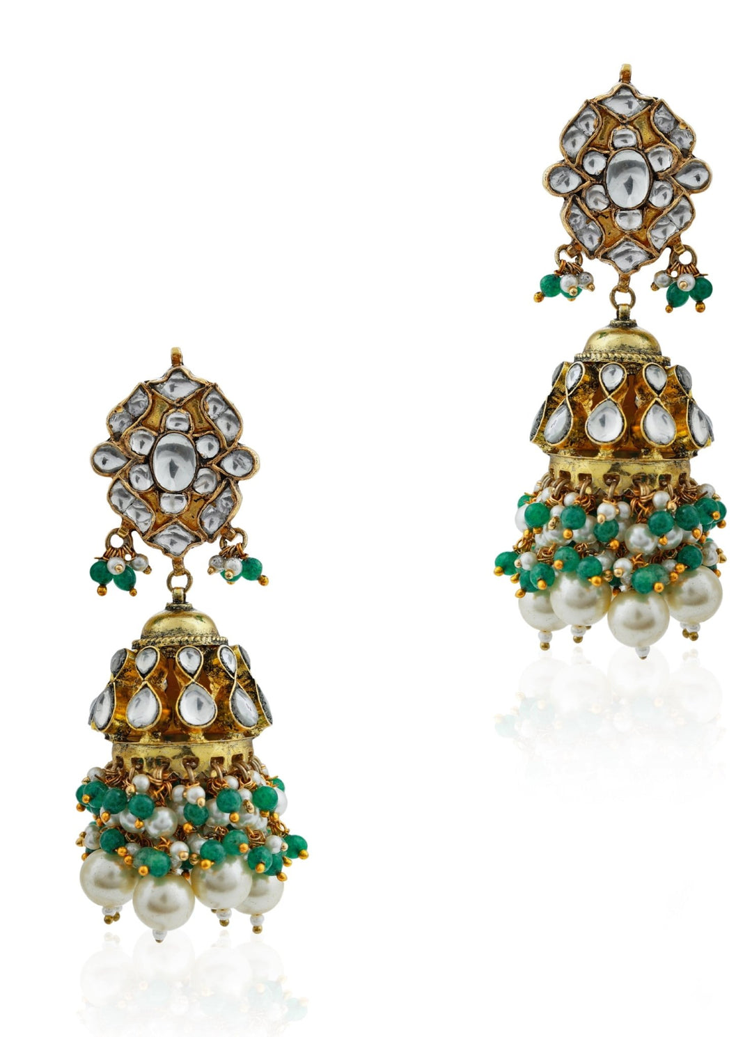 Golden White Pearl Jhumka with Green Hangings Riana by Shikha Jindal - Fabilicious Fashion