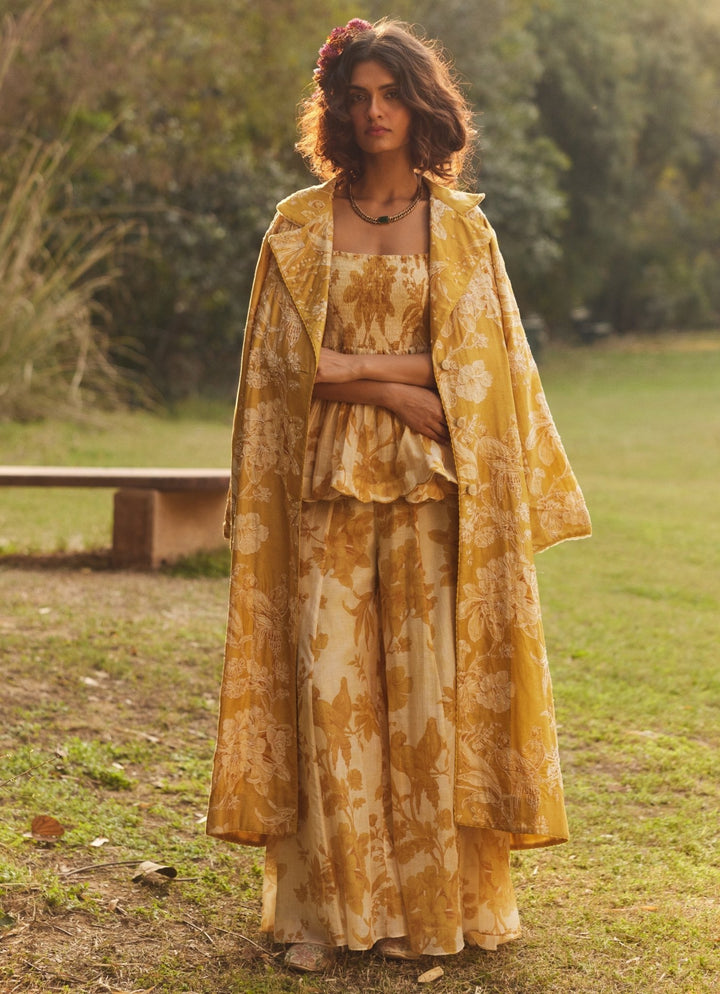 Golden Yellow Chanderi Peplum Kurta Palazzo Set Paulmi and Harsh - Fabilicious Fashion