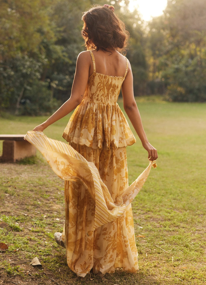 Golden Yellow Chanderi Peplum Kurta Palazzo Set Paulmi and Harsh - Fabilicious Fashion