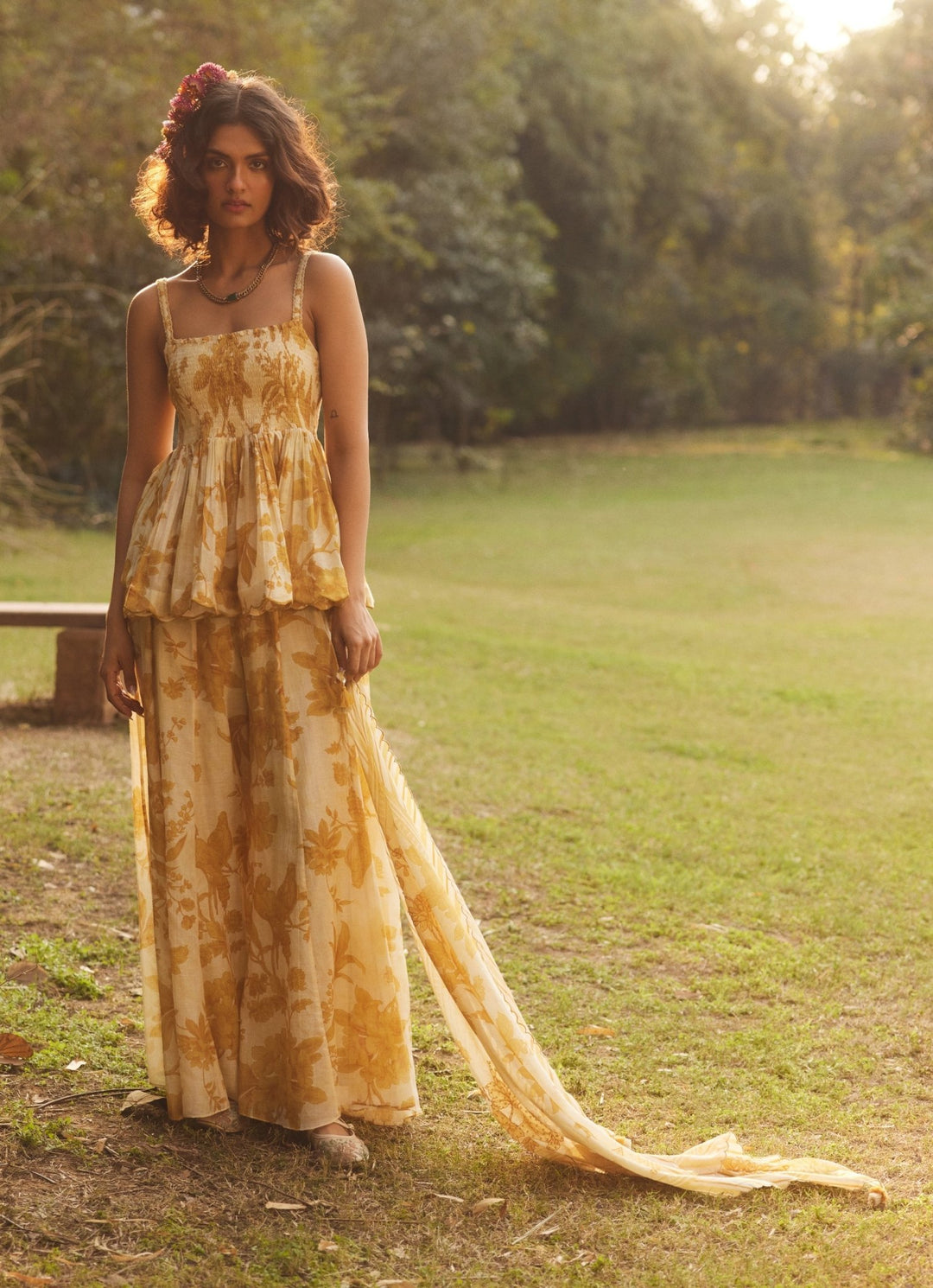 Golden Yellow Chanderi Peplum Kurta Palazzo Set Paulmi and Harsh - Fabilicious Fashion