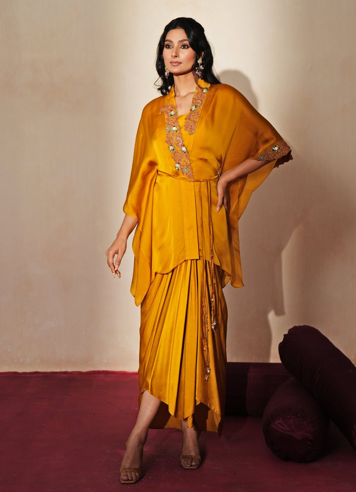 Golden Yellow Embroidered Satin Drape Skirt Set Isha Gupta Tayal - Fabilicious Fashion