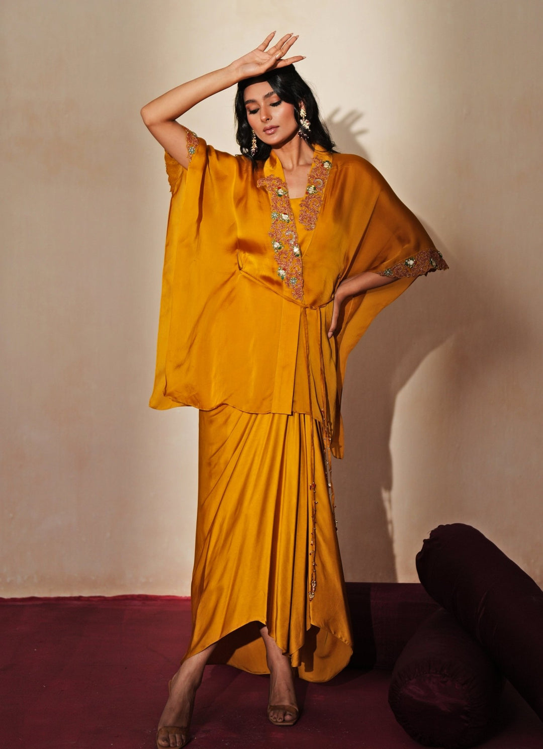 Golden Yellow Embroidered Satin Drape Skirt Set Isha Gupta Tayal - Fabilicious Fashion