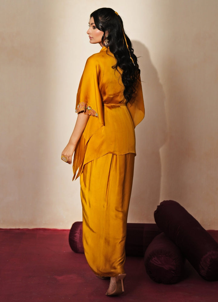 Golden Yellow Embroidered Satin Drape Skirt Set Isha Gupta Tayal - Fabilicious Fashion