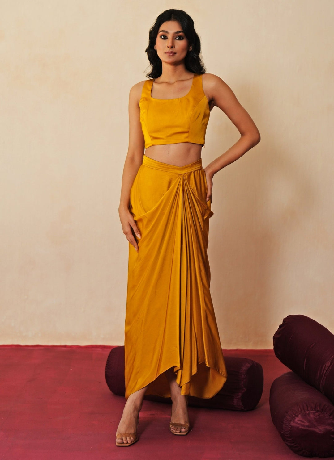Golden Yellow Embroidered Satin Drape Skirt Set Isha Gupta Tayal - Fabilicious Fashion
