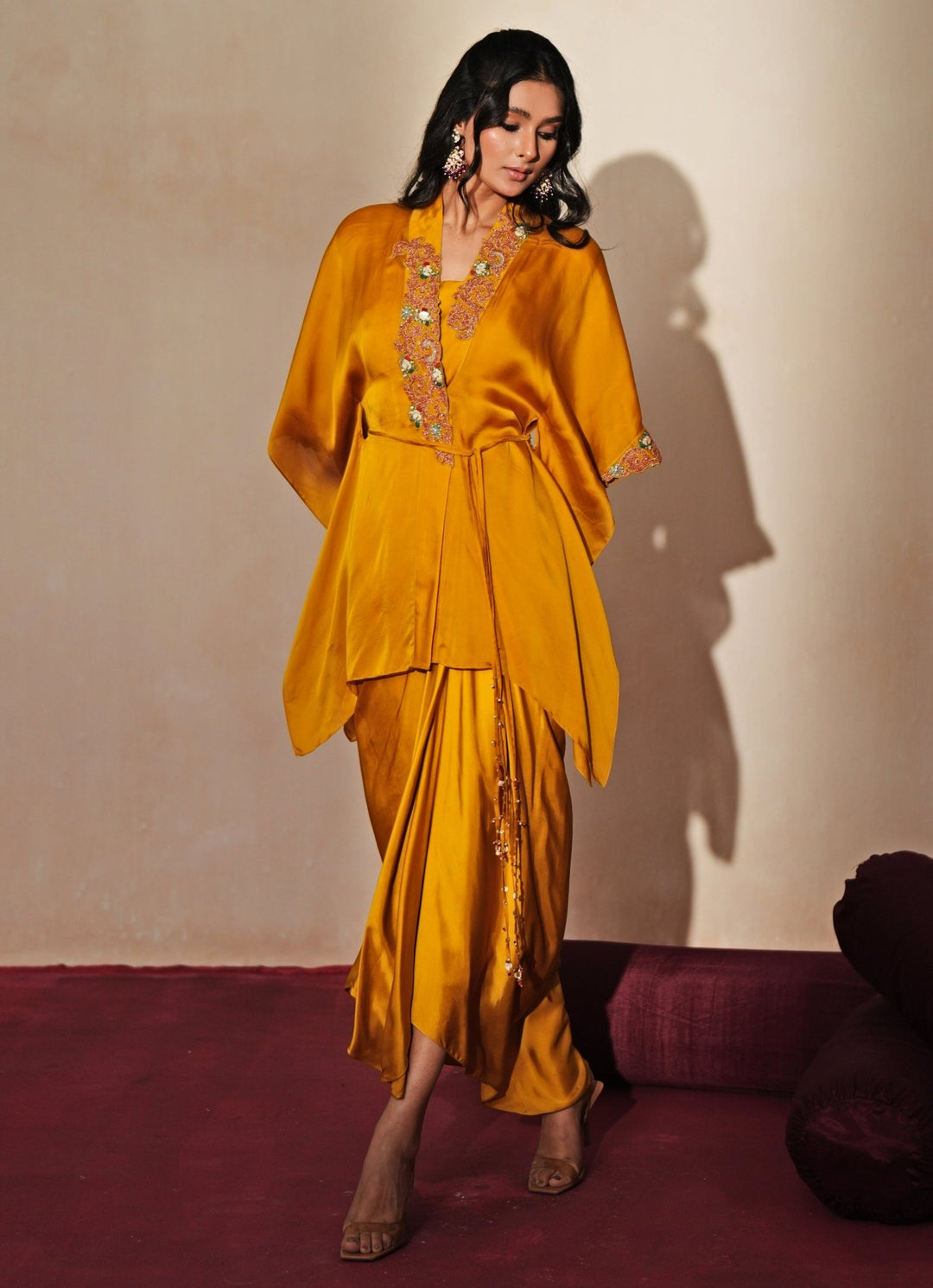 Golden Yellow Embroidered Satin Drape Skirt Set Isha Gupta Tayal - Fabilicious Fashion