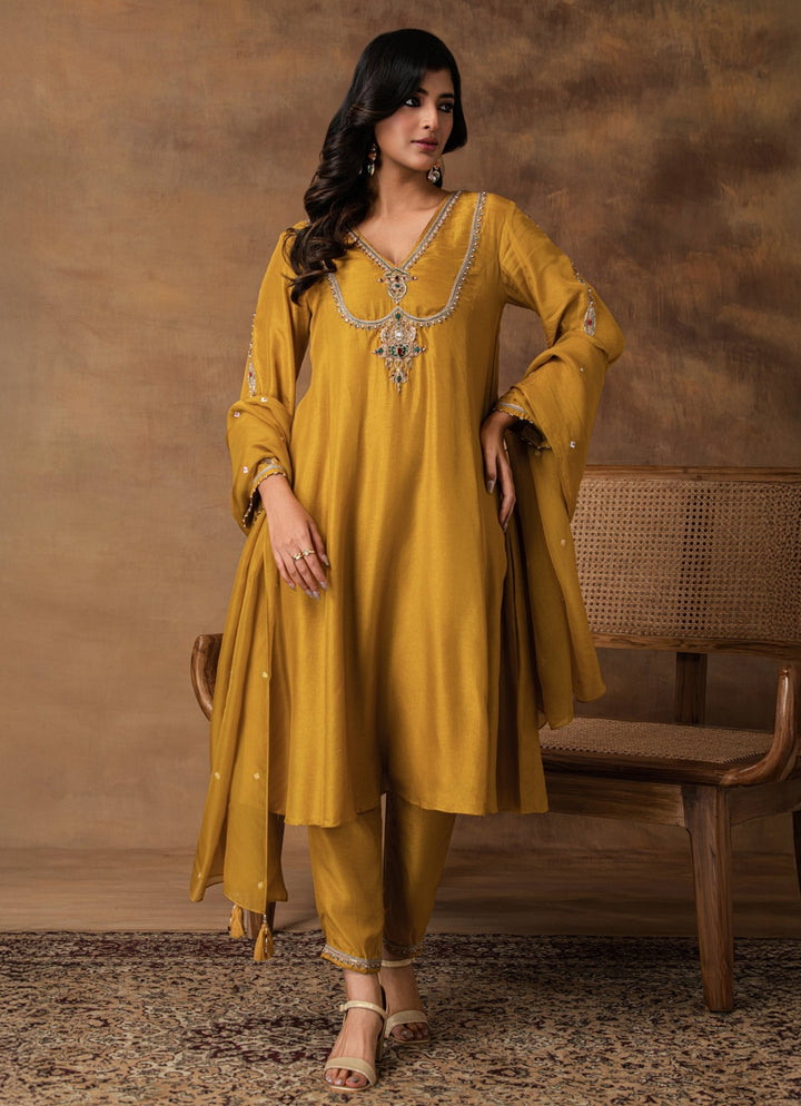 Golden Yellow Embroidered Silk Kurta Pant Set Isha Gupta Tayal - Fabilicious Fashion