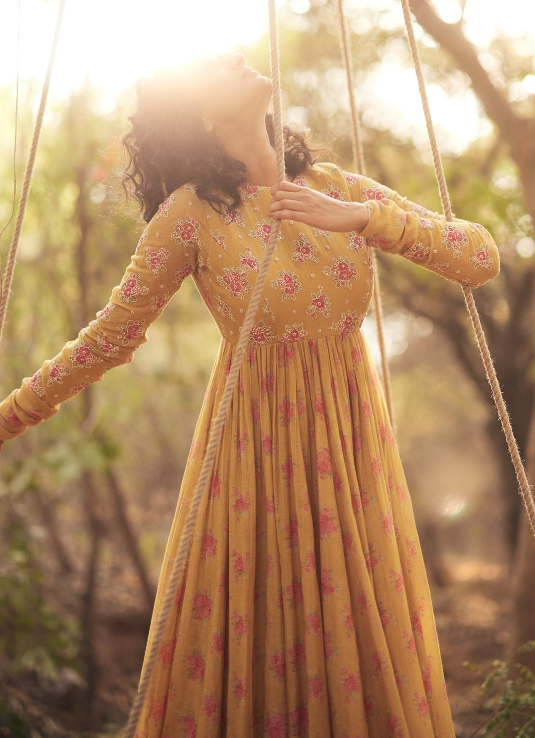 Golden Yellow Floral Printed Chanderi Anarkali Paulmi and Harsh - Fabilicious Fashion