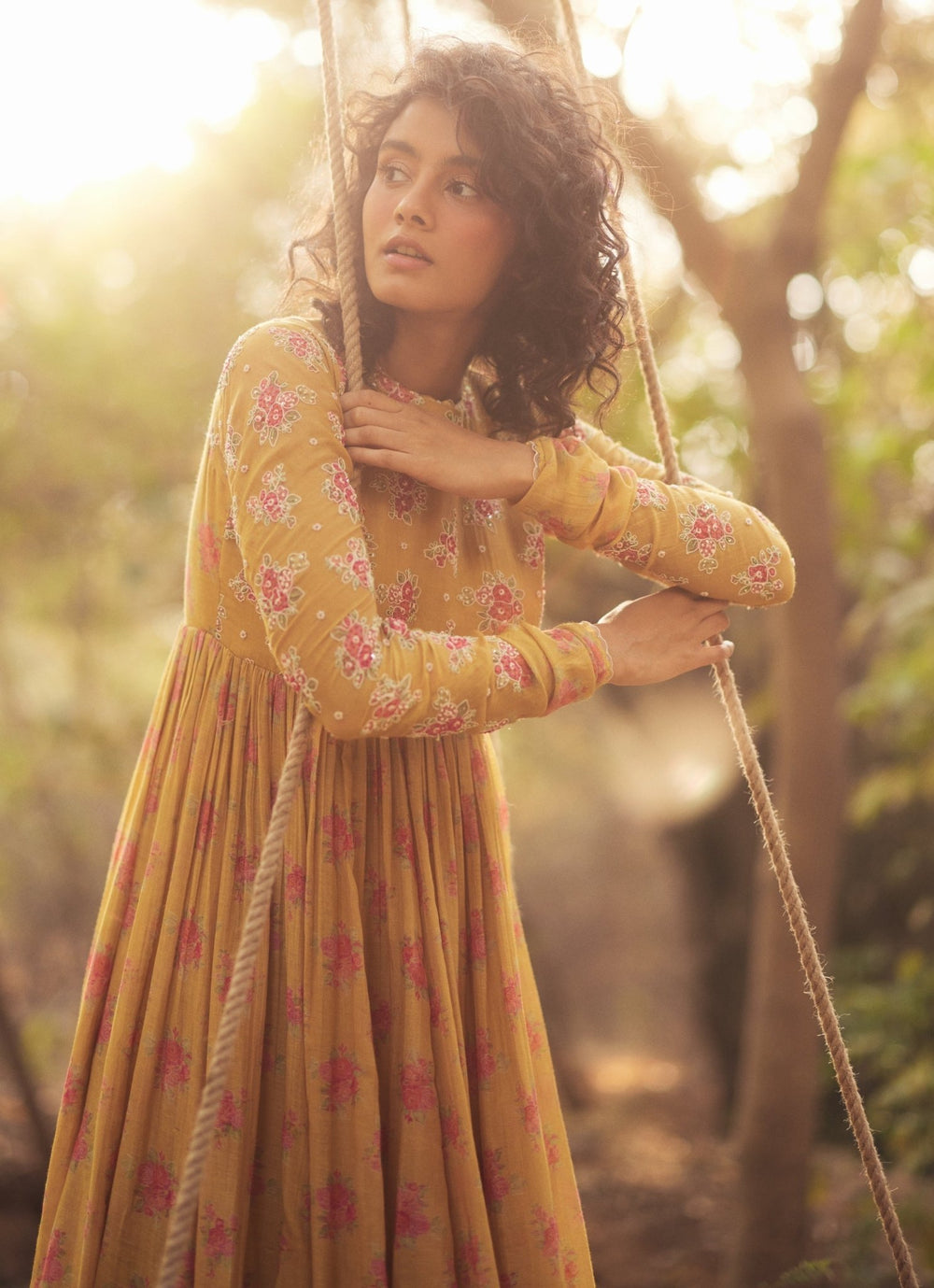 Golden Yellow Floral Printed Chanderi Anarkali Paulmi and Harsh - Fabilicious Fashion