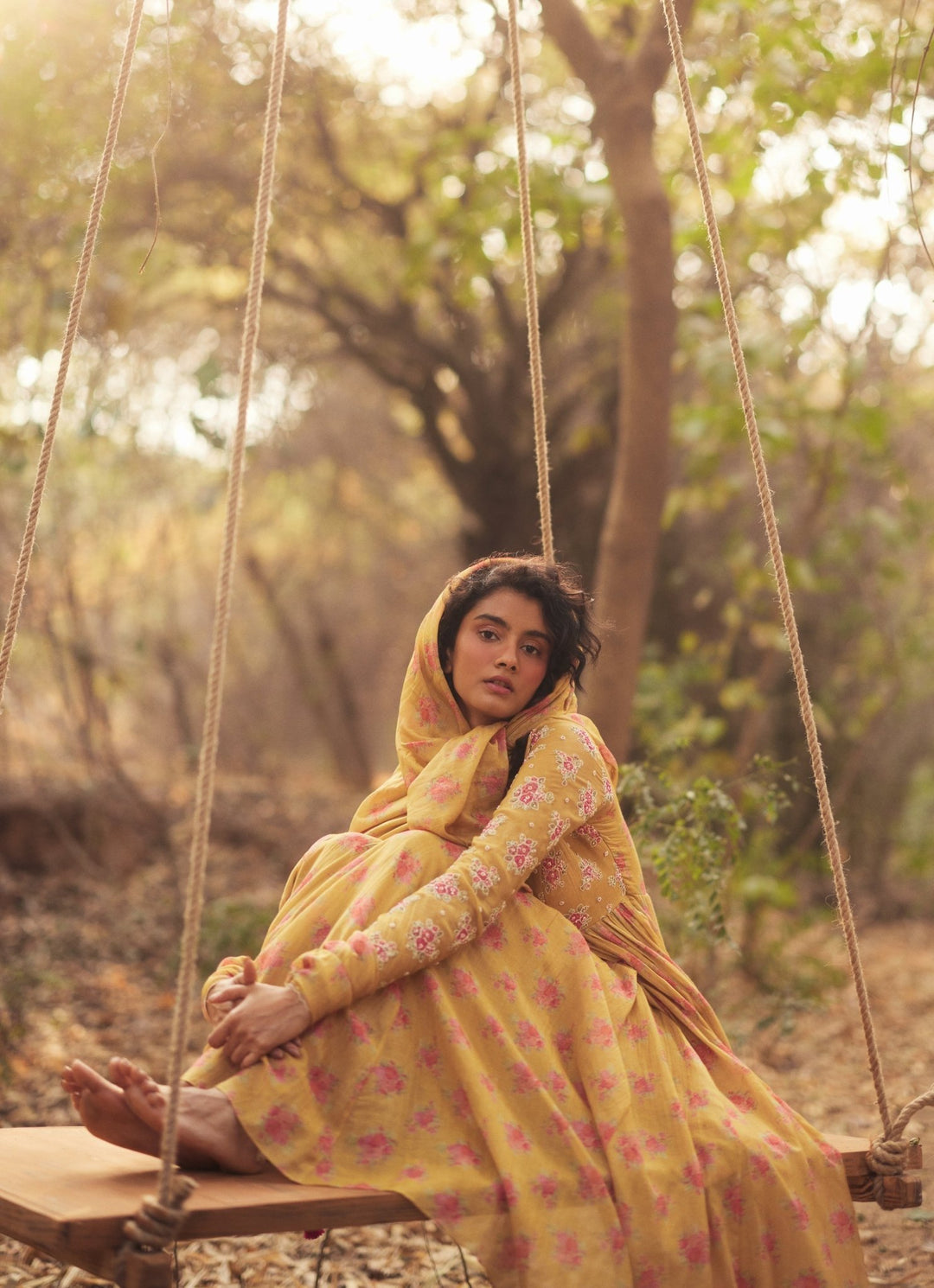 Golden Yellow Floral Printed Chanderi Anarkali Paulmi and Harsh - Fabilicious Fashion