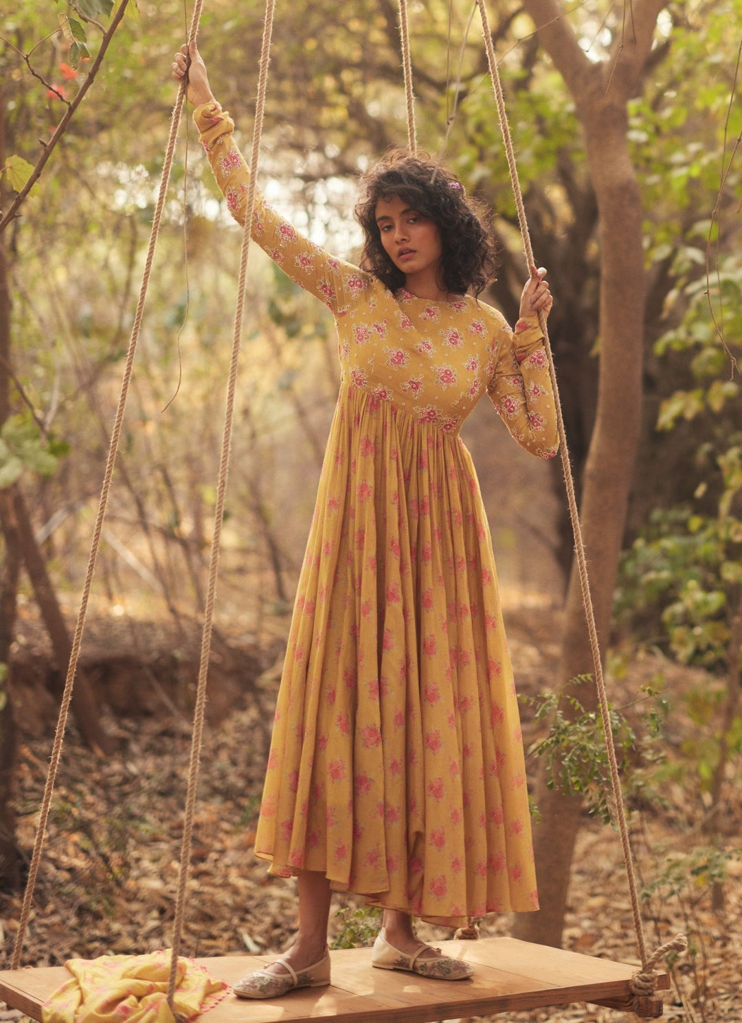Golden Yellow Floral Printed Chanderi Anarkali Paulmi and Harsh - Fabilicious Fashion