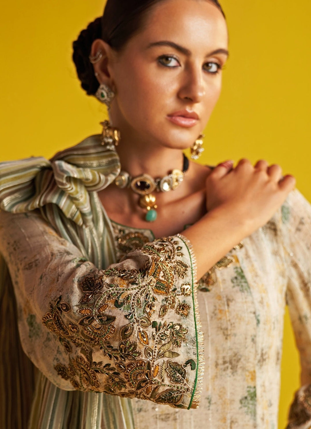 Green And Beige Embroidered Anarkali Set Studio Bagechaa - Fabilicious Fashion