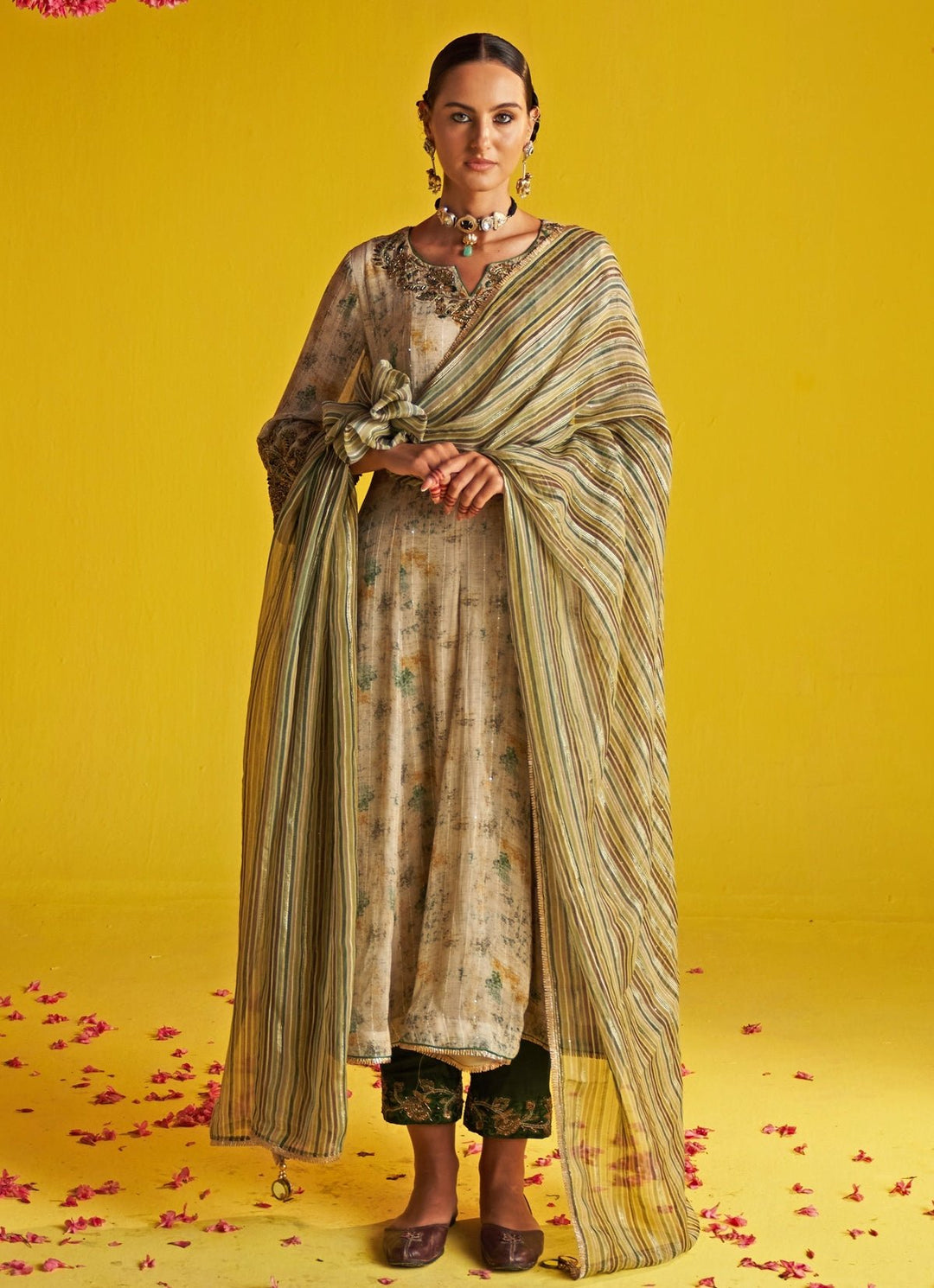Green And Beige Embroidered Anarkali Set Studio Bagechaa - Fabilicious Fashion