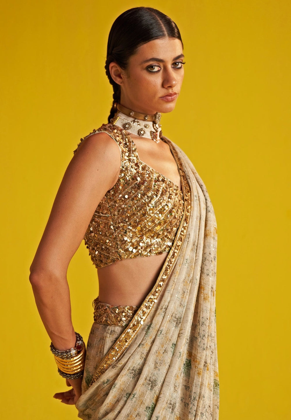 Green And Beige Embroidered Georgette Lehenga Saree Set Studio Bagechaa - Fabilicious Fashion
