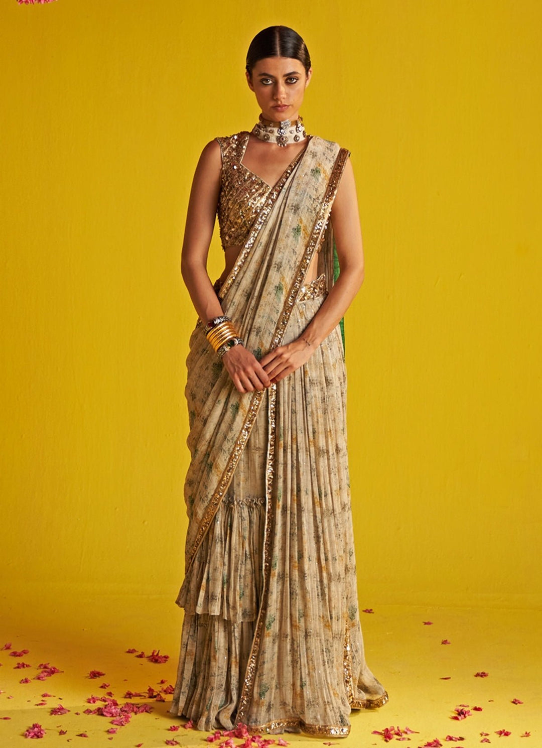 Green And Beige Embroidered Georgette Lehenga Saree Set Studio Bagechaa - Fabilicious Fashion