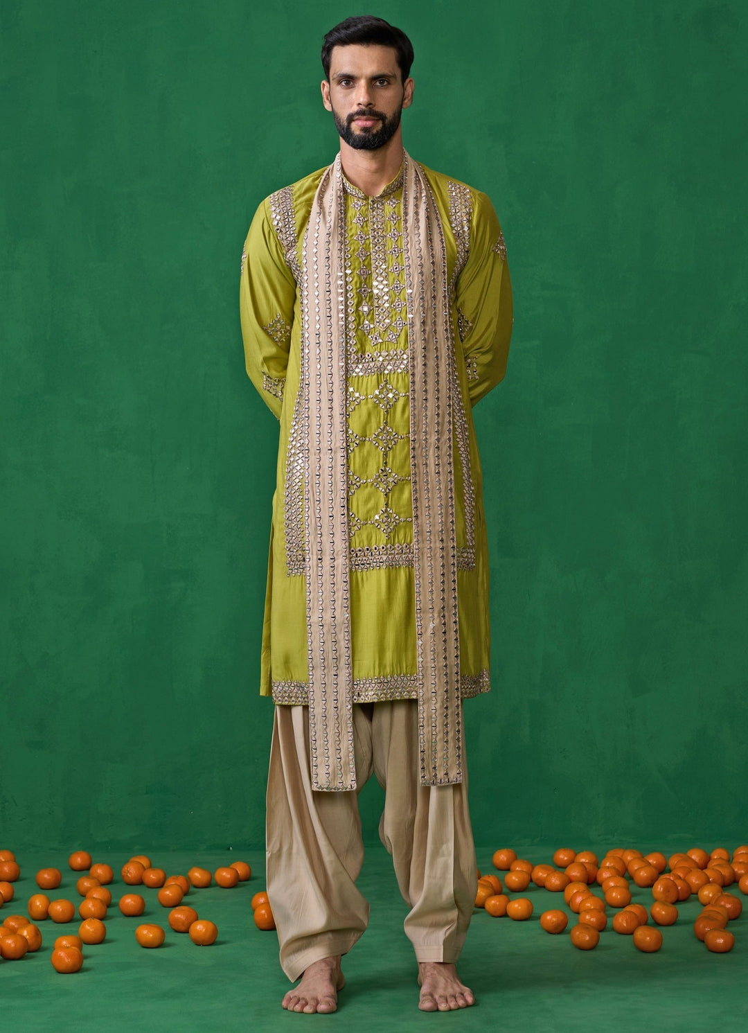 Green And Beige Mirror Embroidered Silk Kurta Set Kalpraag - Fabilicious Fashion