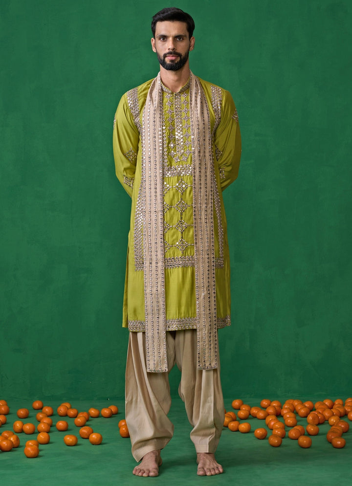 Green And Beige Mirror Embroidered Silk Kurta Set Kalpraag - Fabilicious Fashion