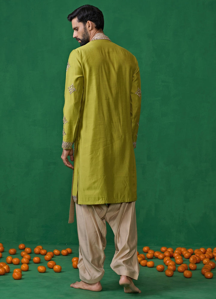 Green And Beige Mirror Embroidered Silk Kurta Set Kalpraag - Fabilicious Fashion