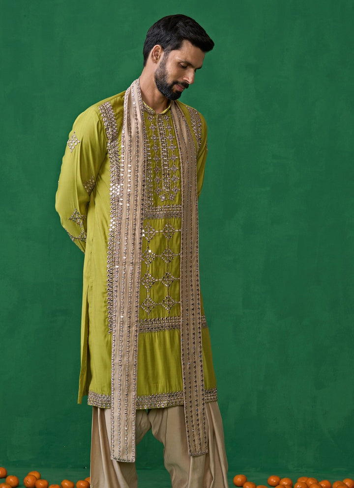 Green And Beige Mirror Embroidered Silk Kurta Set Kalpraag - Fabilicious Fashion