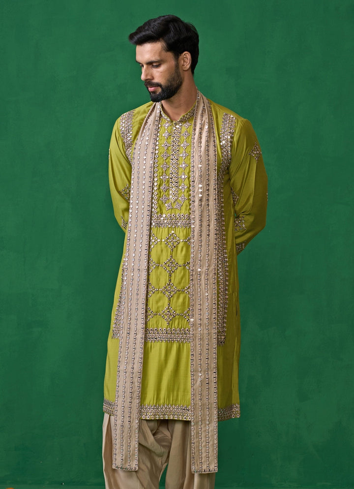 Green And Beige Mirror Embroidered Silk Kurta Set Kalpraag - Fabilicious Fashion