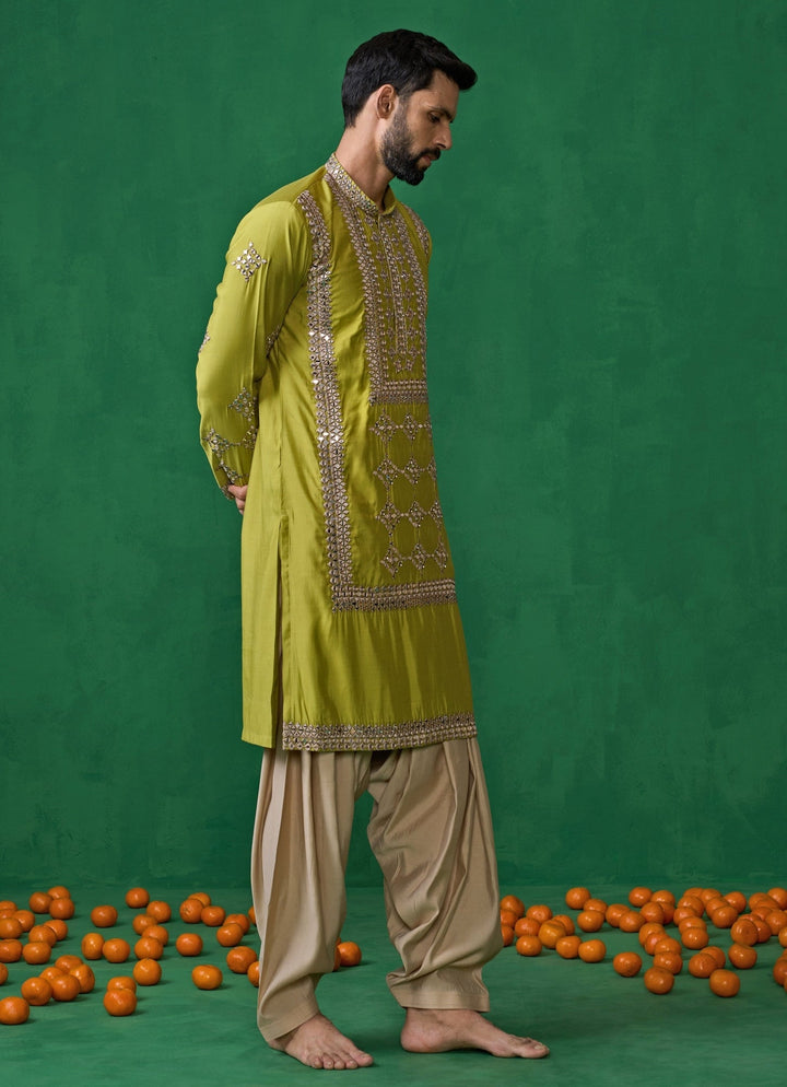 Green And Beige Mirror Embroidered Silk Kurta Set Kalpraag - Fabilicious Fashion