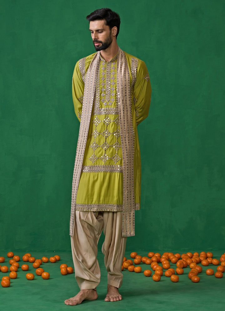 Green And Beige Mirror Embroidered Silk Kurta Set Kalpraag - Fabilicious Fashion