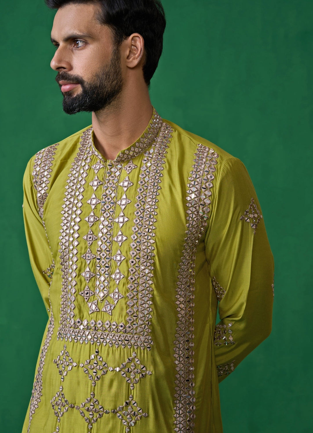 Green And Beige Mirror Embroidered Silk Kurta Set Kalpraag - Fabilicious Fashion