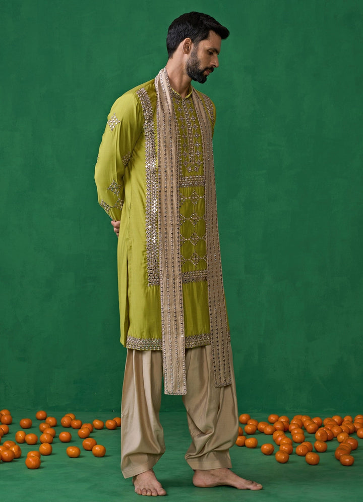 Green And Beige Mirror Embroidered Silk Kurta Set Kalpraag - Fabilicious Fashion