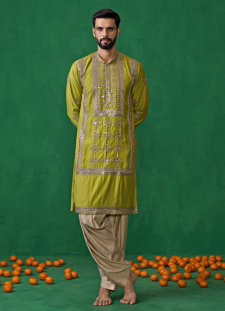 Green And Beige Mirror Embroidered Silk Kurta Set Kalpraag - Fabilicious Fashion