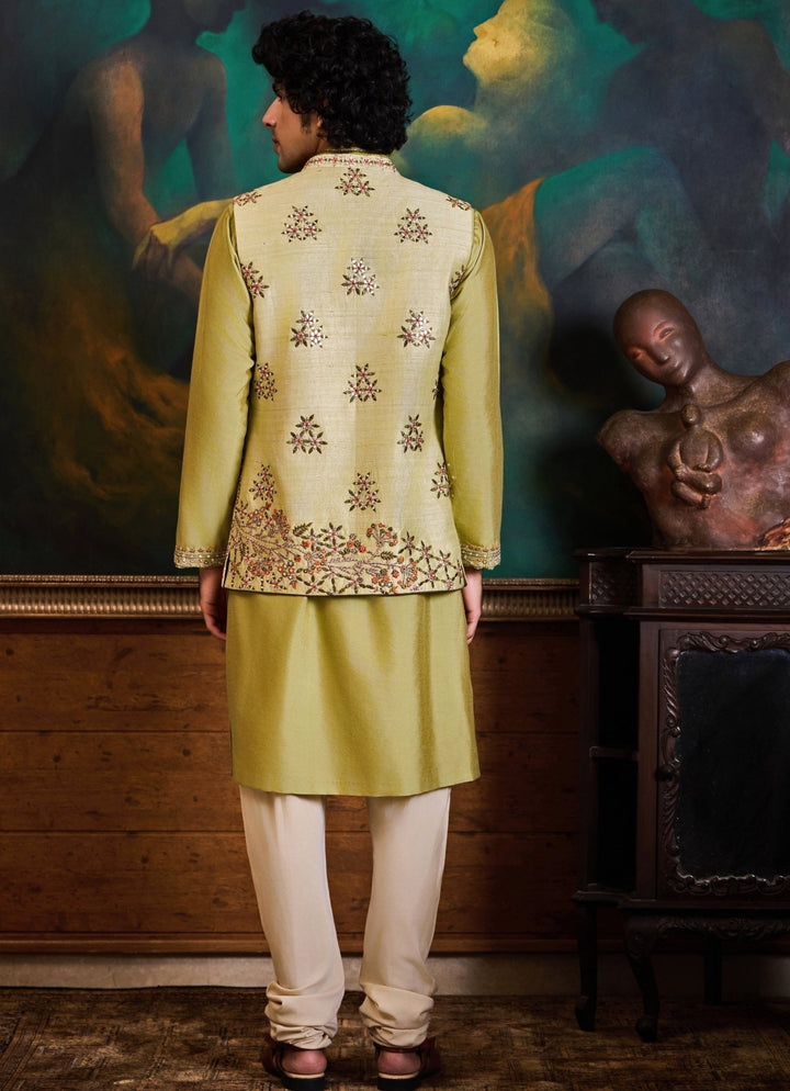 Green and Beige Raw Silk Nehru Jacket Set Nitika Gujral - Men - Fabilicious Fashion