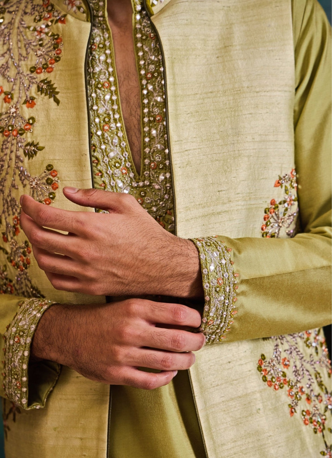 Green and Beige Raw Silk Nehru Jacket Set Nitika Gujral - Men - Fabilicious Fashion