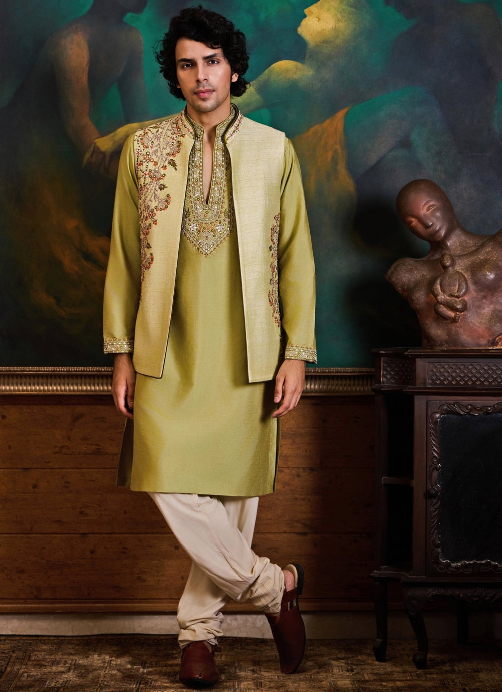 Green and Beige Raw Silk Nehru Jacket Set Nitika Gujral - Men - Fabilicious Fashion