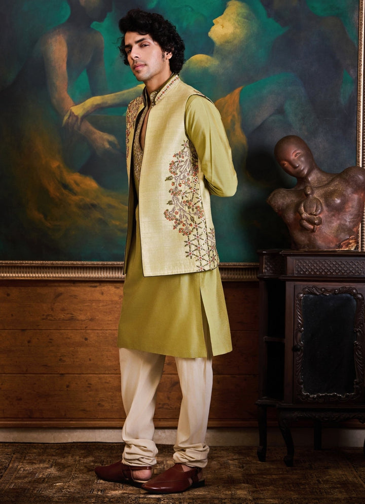 Green and Beige Raw Silk Nehru Jacket Set Nitika Gujral - Men - Fabilicious Fashion