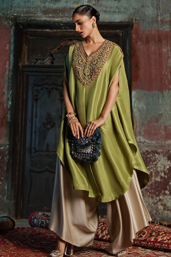 Green and beige silk kaftan pants set by Prisho