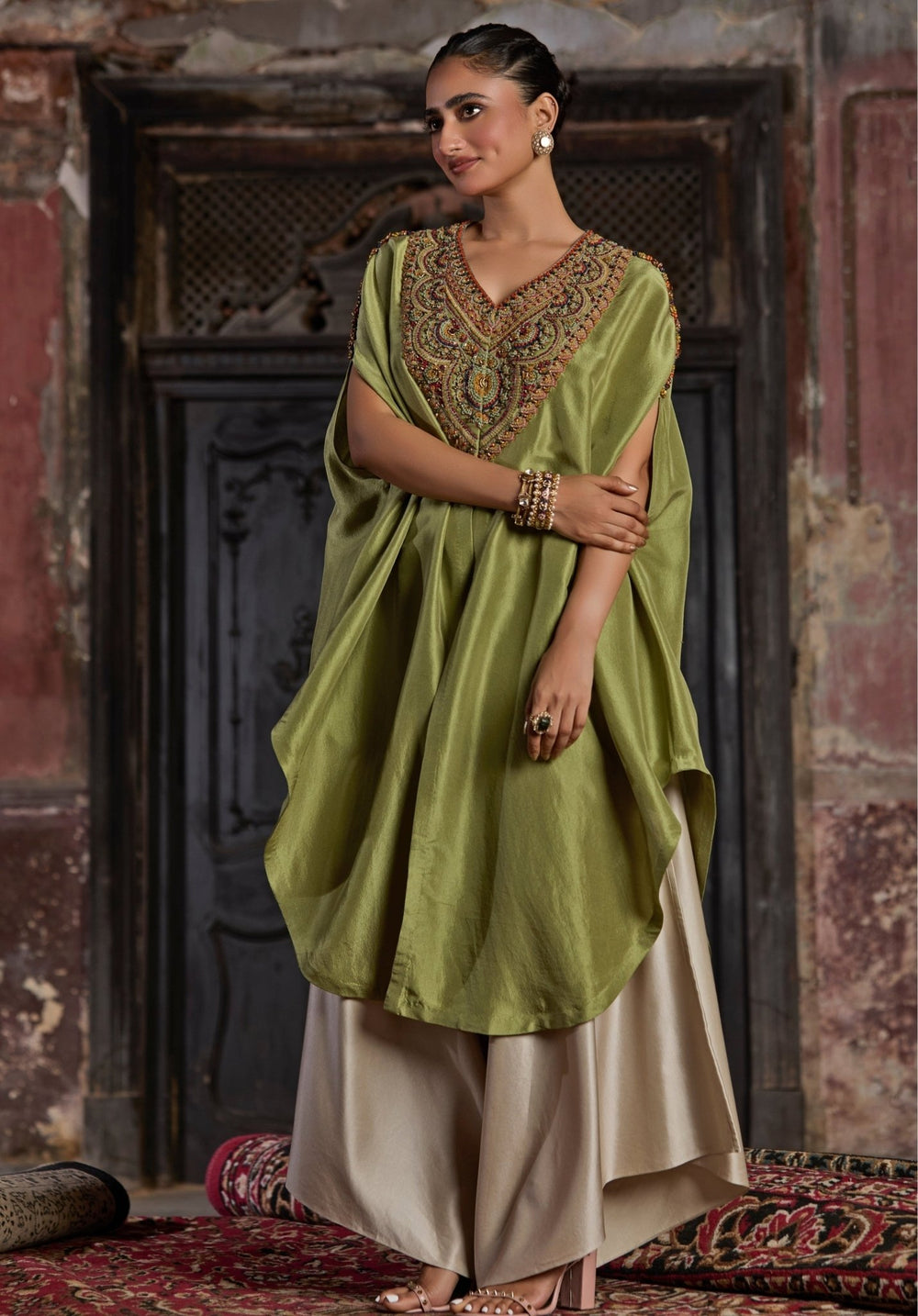 Prisho Green And Beige Silk Kaftan Pants SetFabilicious Fashion