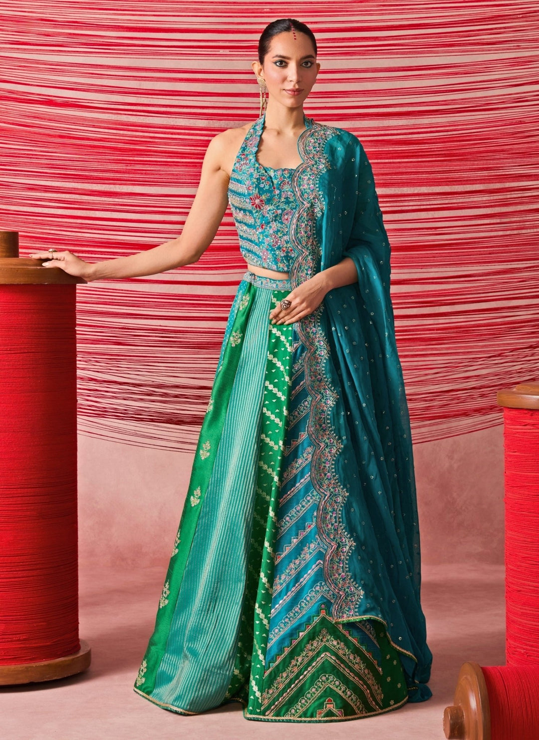 Chamee And Palak Green And Blue Dupion Silk Corset Lehenga SetFabilicious Fashion