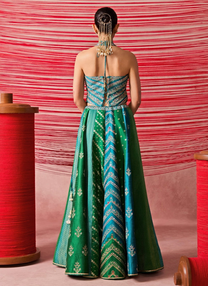 Chamee And Palak Green And Blue Dupion Silk Corset Lehenga SetFabilicious Fashion