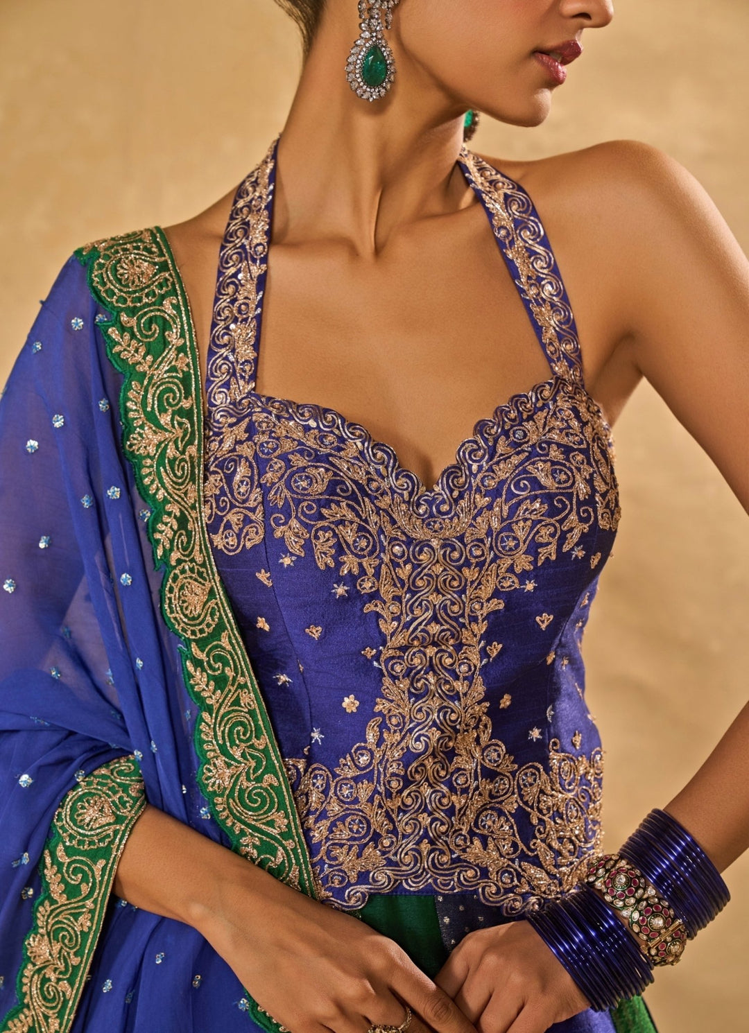 Green And Blue Dupion Silk Corset Lehenga Chamee & Palak - Fabilicious Fashion