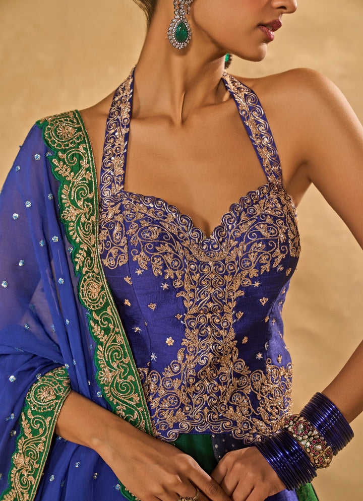 Green And Blue Dupion Silk Corset Lehenga Chamee & Palak - Fabilicious Fashion