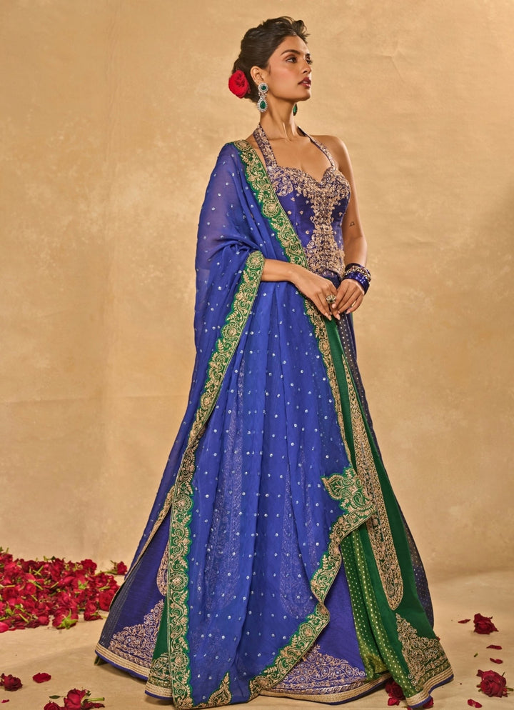 Green And Blue Dupion Silk Corset Lehenga Chamee & Palak - Fabilicious Fashion