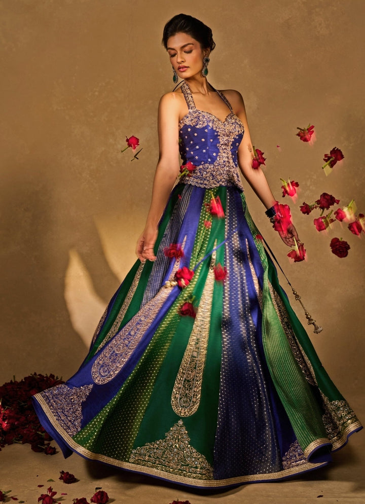 Green And Blue Dupion Silk Corset Lehenga Chamee & Palak - Fabilicious Fashion