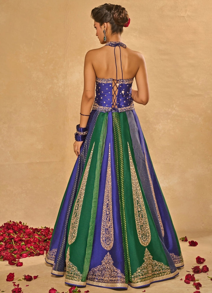Green And Blue Dupion Silk Corset Lehenga Chamee & Palak - Fabilicious Fashion