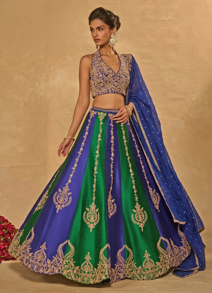 Chamee and Palak Green And Blue Dupion Silk LehengaFabilicious Fashion