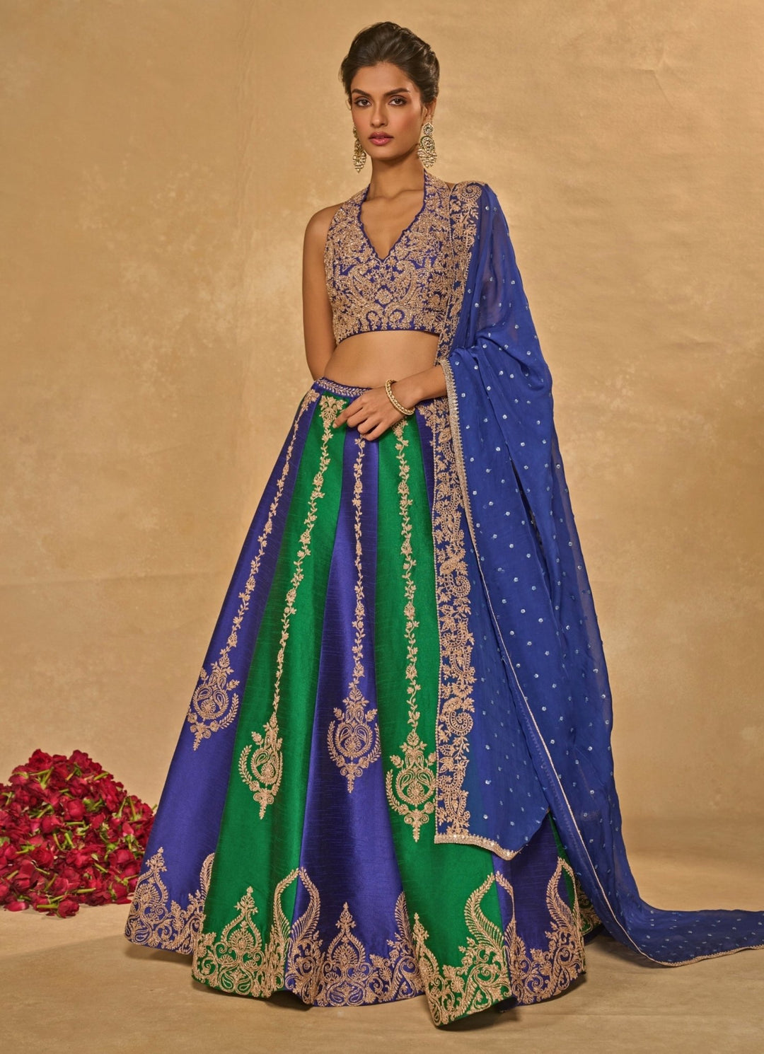 Chamee and Palak Green And Blue Dupion Silk LehengaFabilicious Fashion