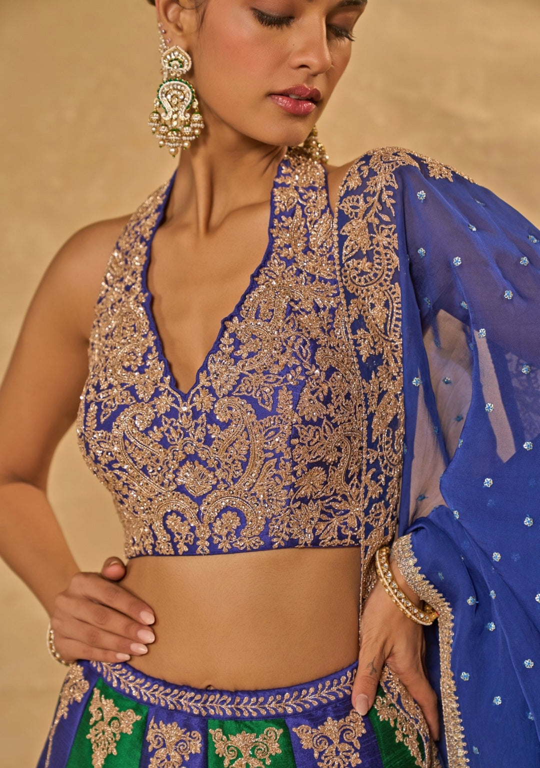 Chamee and Palak Green And Blue Dupion Silk LehengaFabilicious Fashion